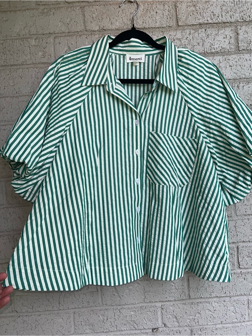 &Merci green and white bubble sleeve blouse size medium - Picture 5 of 6